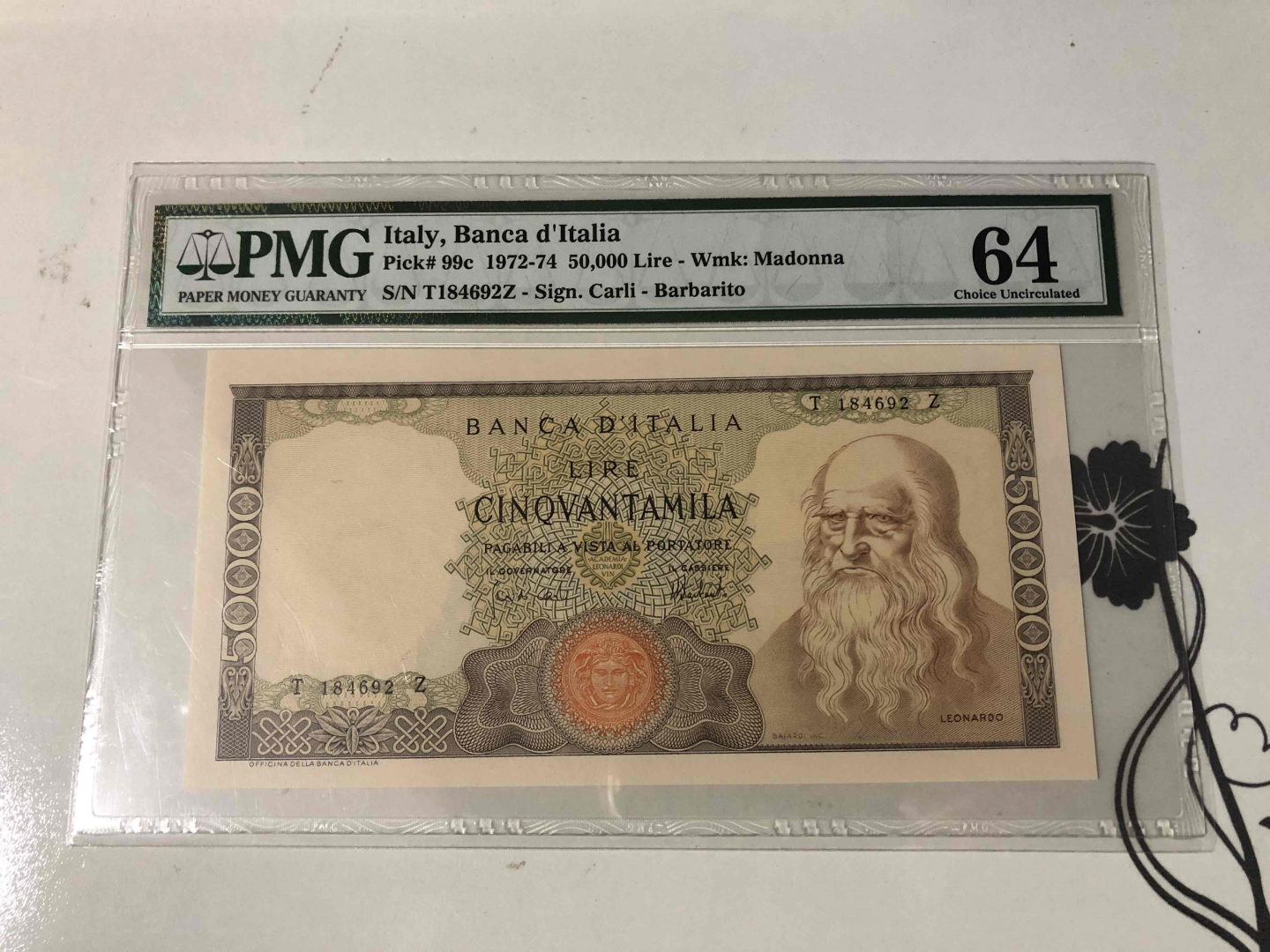 【收藏联盟】第103期拍卖——国庆节专场 意大利 1972～74年 50000里拉 文艺复兴三杰之一——达芬奇 UNC品相pmg64