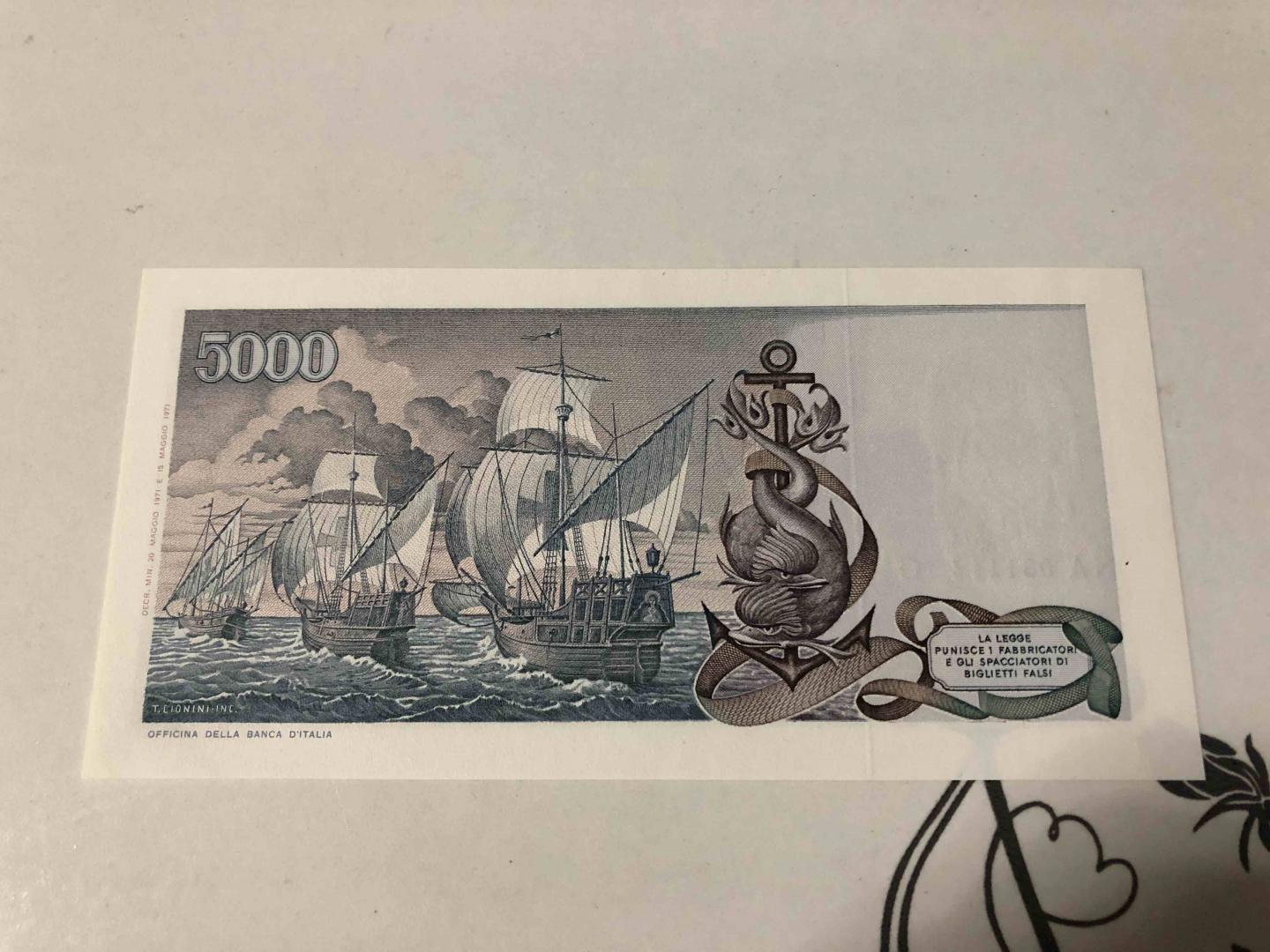 【收藏联盟】第103期拍卖——国庆节专场 意大利 1971年 5000里拉 UNC