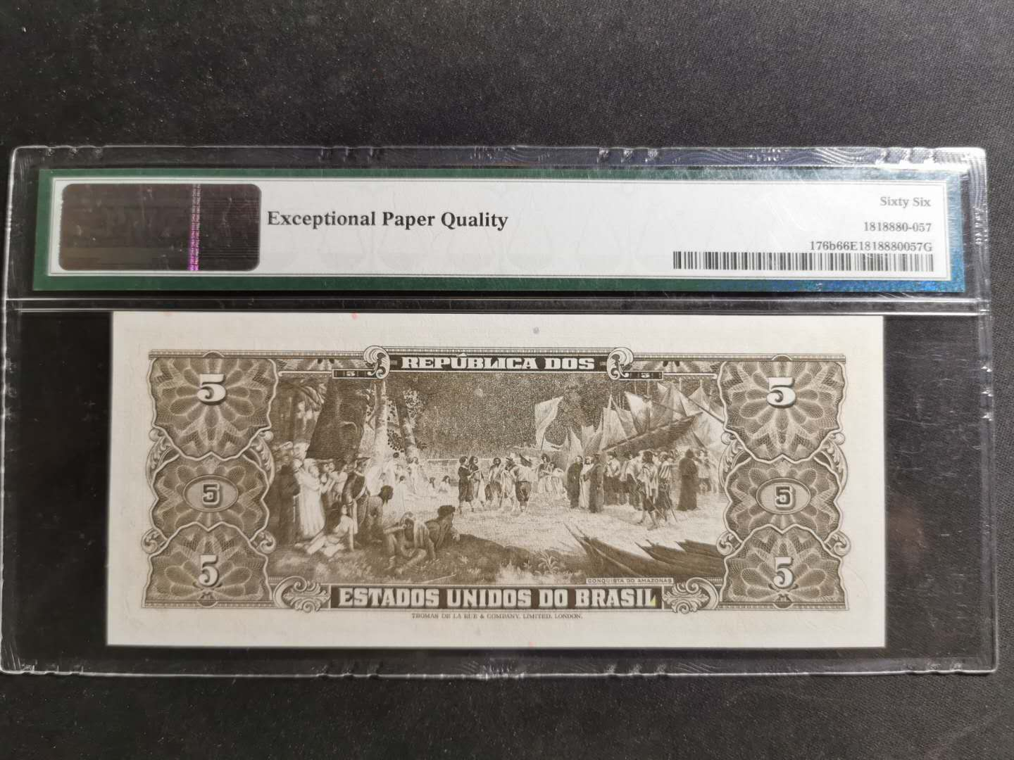 【鲸贝乐淘】千字文·第“海咸河淡”号拍卖 【巴西】1963年5元，PMG66E