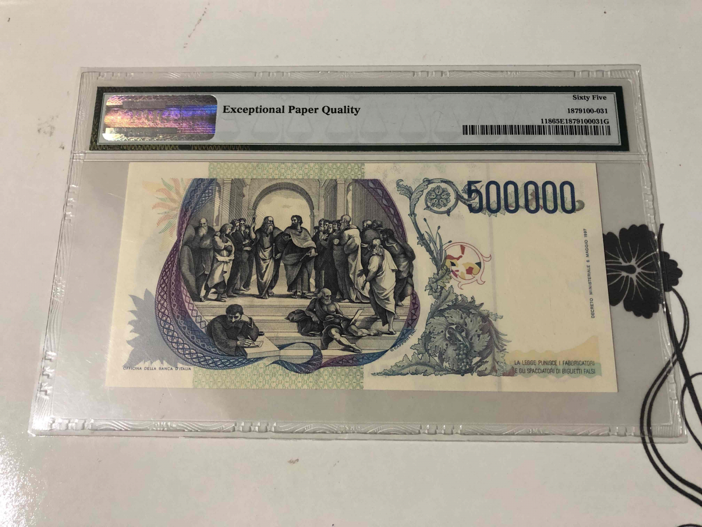 【收藏联盟】第103期拍卖——国庆节专场 意大利 1997年 50万里拉  p118  PMG65EPQ  绝品 经典拉斐尔