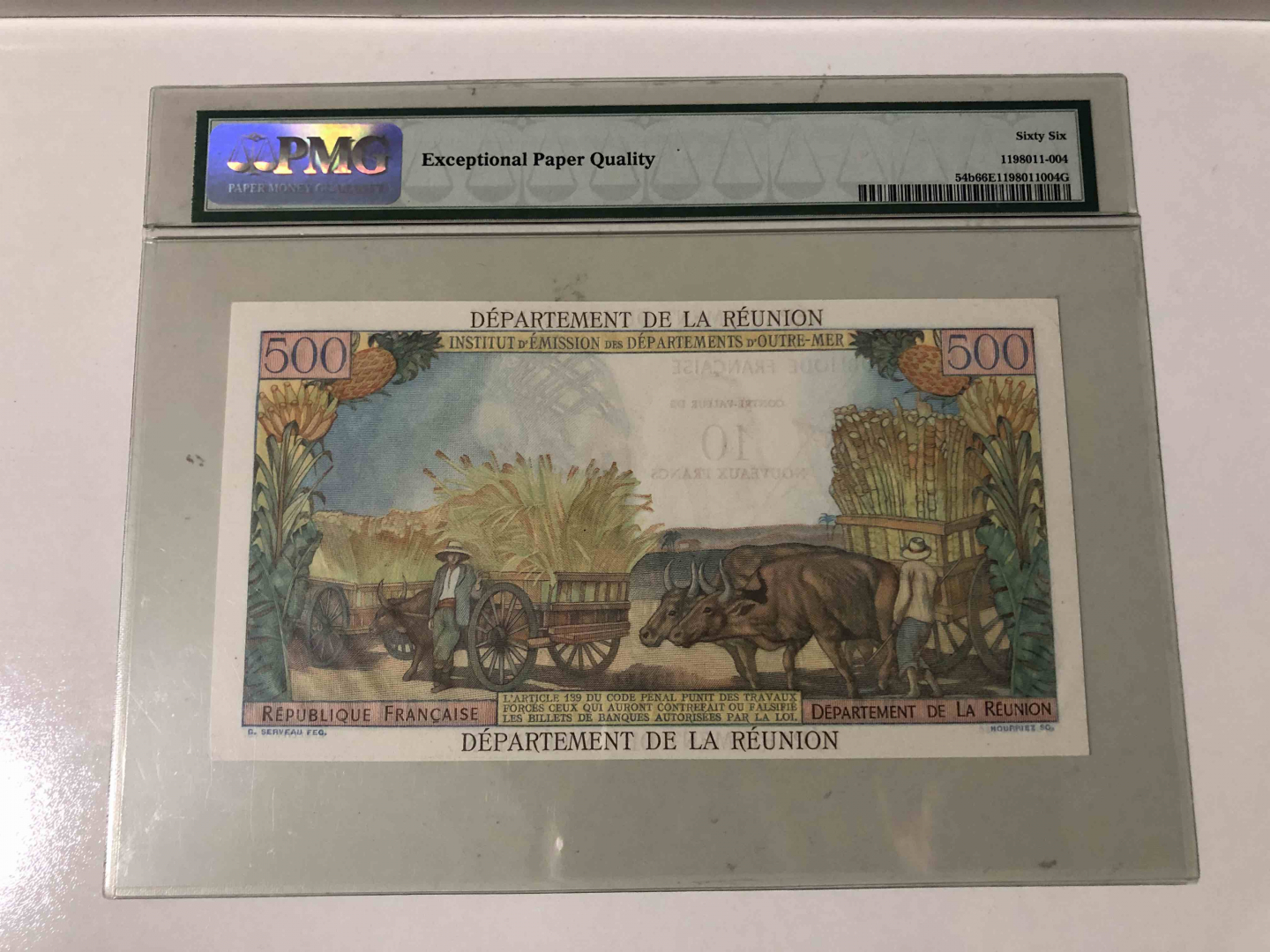 【收藏联盟】第103期拍卖——国庆节专场 留尼旺 1971年 500法郎=加盖10新法朗 p54b PMG66EPQ 绝品 经典马车