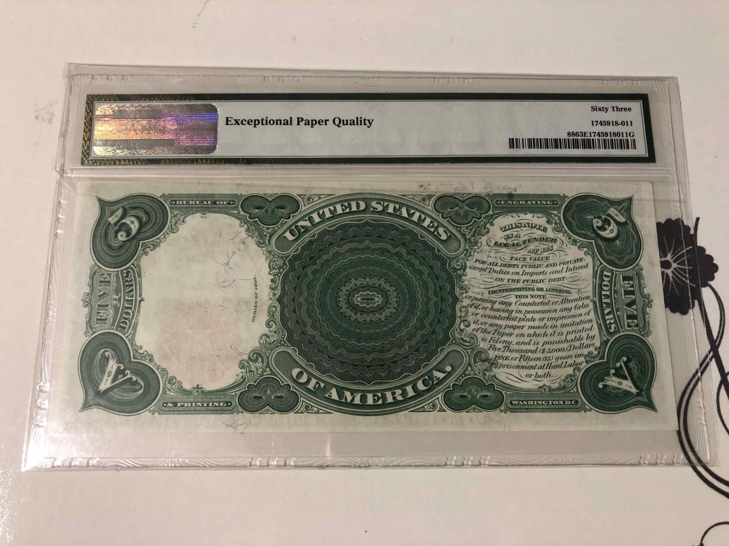 【收藏联盟】第103期拍卖——国庆节专场 美国 1907年 5美金 PMG63EPQ 性价比 经典伐木工 非常漂亮