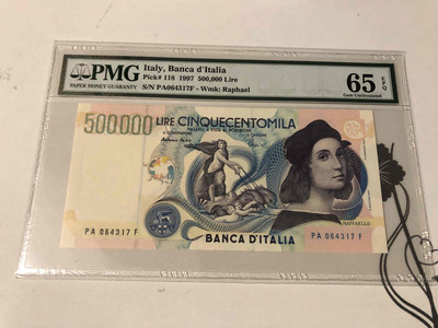 【收藏联盟】第103期拍卖——国庆节专场 - 意大利 1997年 50万里拉  p118  PMG65EPQ  绝品 经典拉斐尔