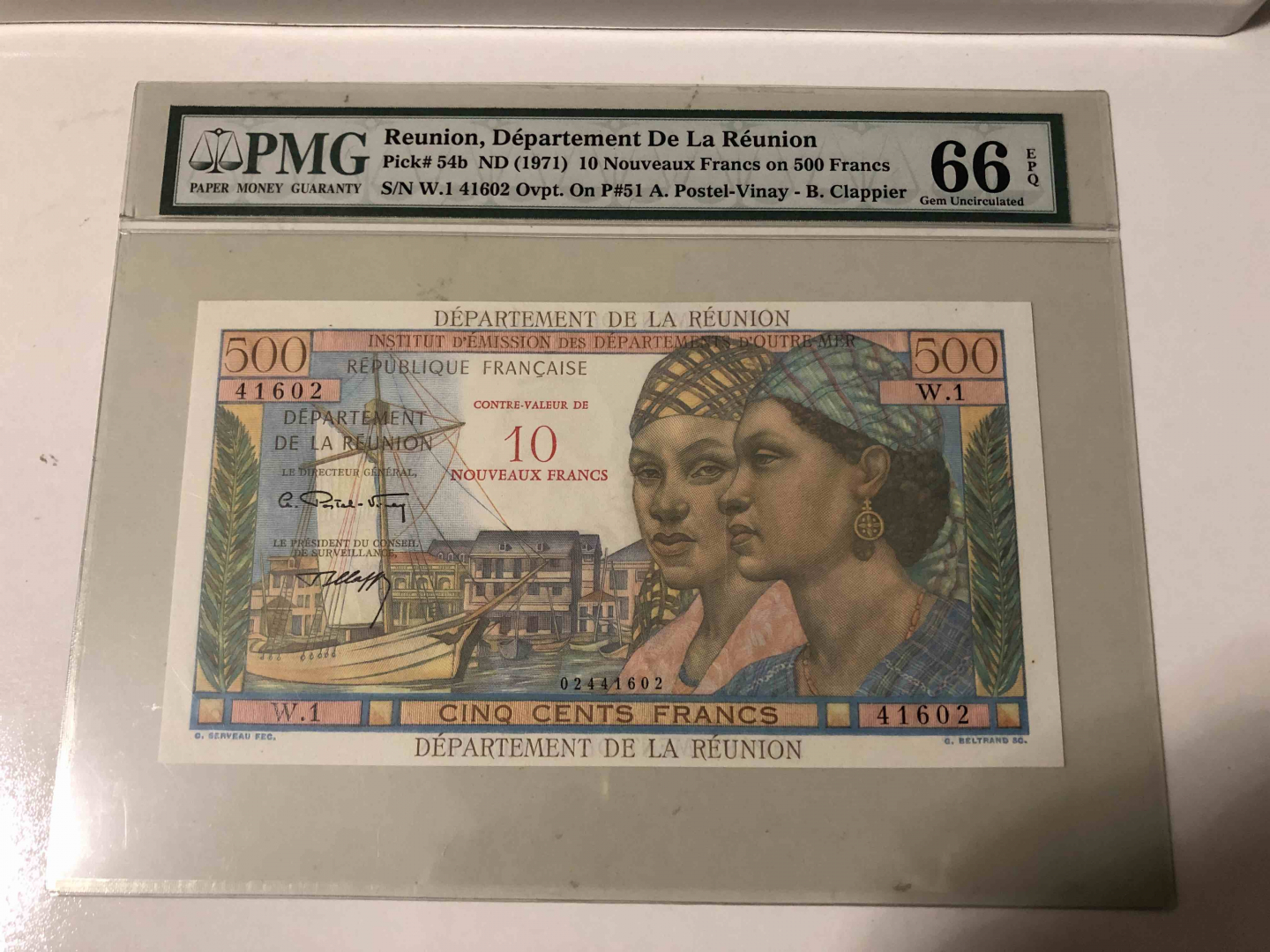 【收藏联盟】第103期拍卖——国庆节专场 留尼旺 1971年 500法郎=加盖10新法朗 p54b PMG66EPQ 绝品 经典马车