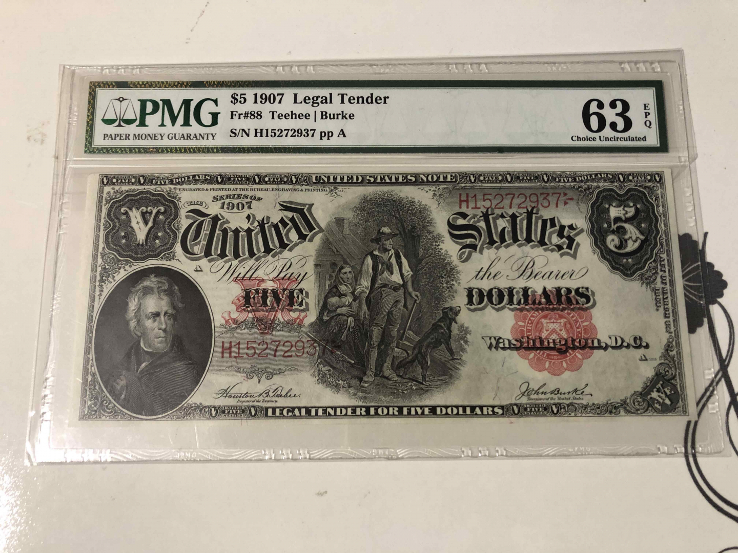 【收藏联盟】第103期拍卖——国庆节专场 美国 1907年 5美金 PMG63EPQ 性价比 经典伐木工 非常漂亮