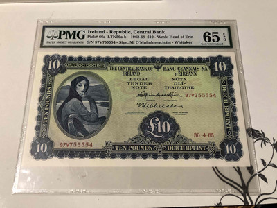【收藏联盟】第103期拍卖——国庆节专场 - 爱尔兰 1962-68年 10镑 PMG65EPQ 稀少初版 超大票副 p66a 较少版本