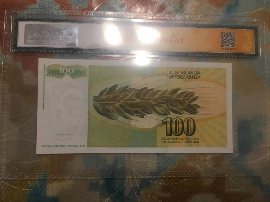 【鲸贝乐淘】千字文·第“菜重芥姜”号拍卖 【南斯拉夫】1991年100第纳尔，全零票样样币，CSIS65E，珍惜品种