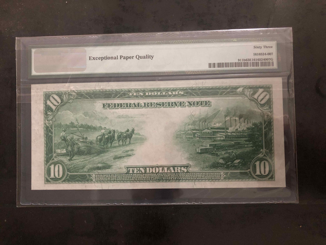 【收藏联盟】第104期拍卖 美国 1914年 10美元 PMG63EPQ 大场景 雕刻精美 大票幅