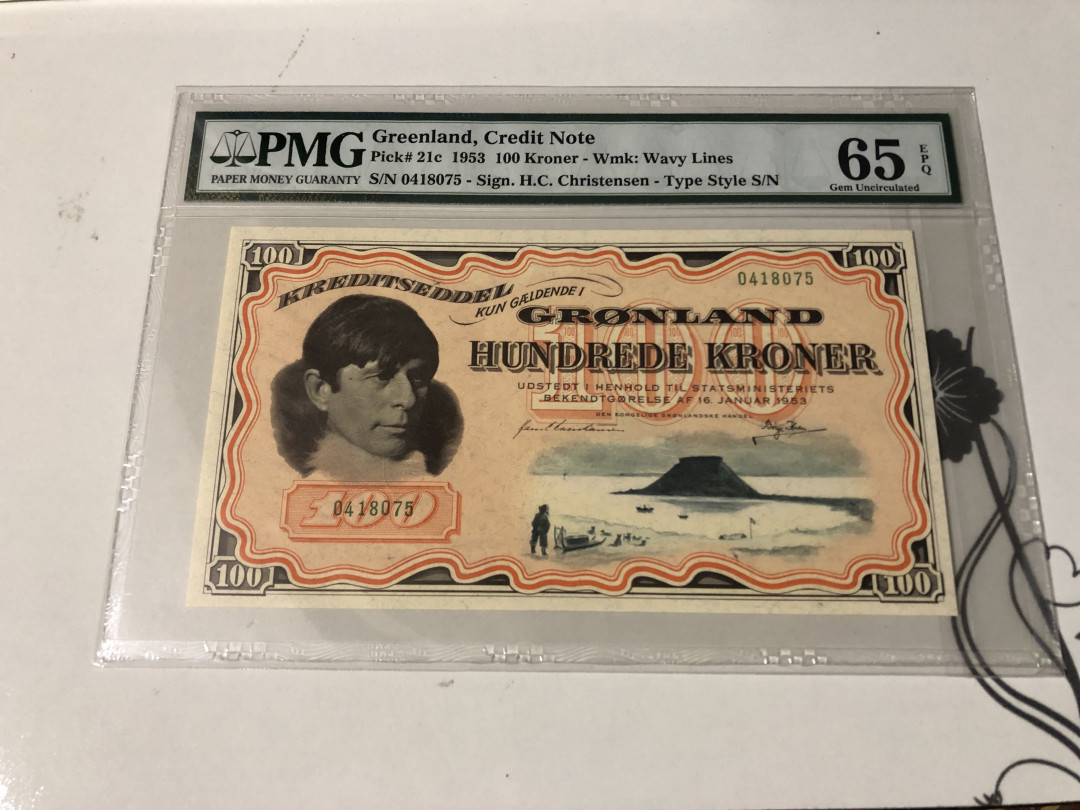 【收藏联盟】第104期拍卖 【亚军分】格陵兰 1953年 100克朗 PMG65EPQ 绝品 评级记录个位数