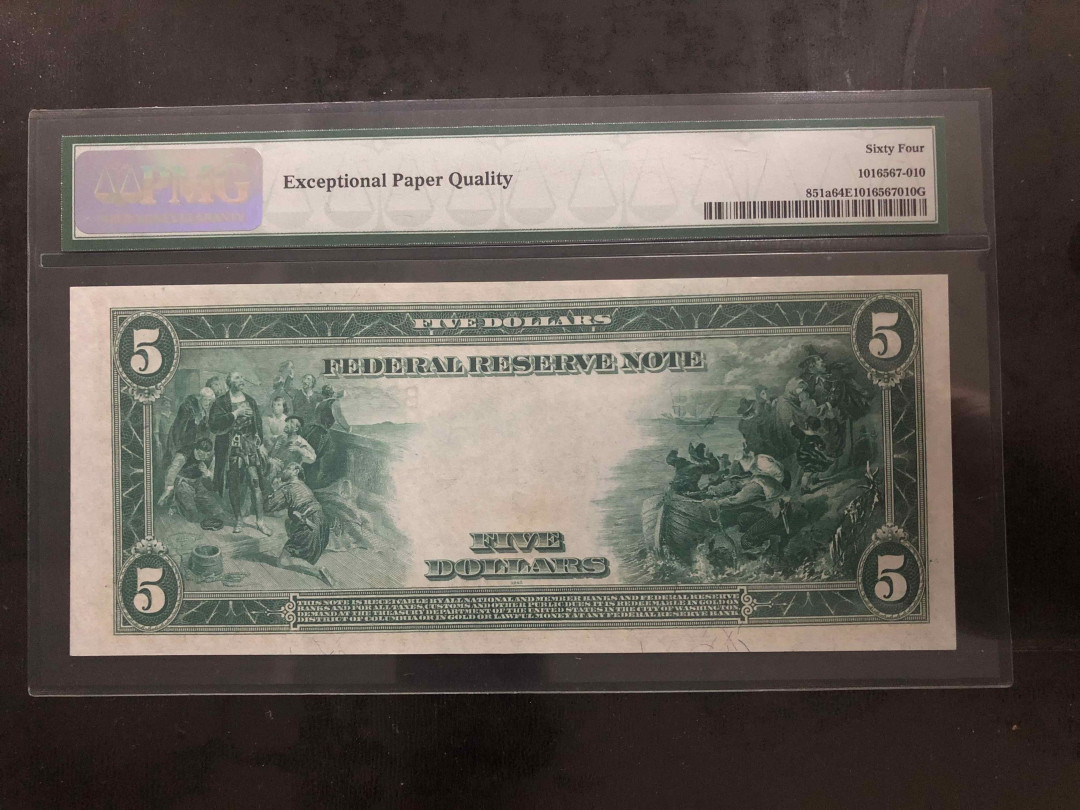 【收藏联盟】第104期拍卖 美国 1914年 5美元 PMG64EPQ 大场景 雕刻精美 大票幅