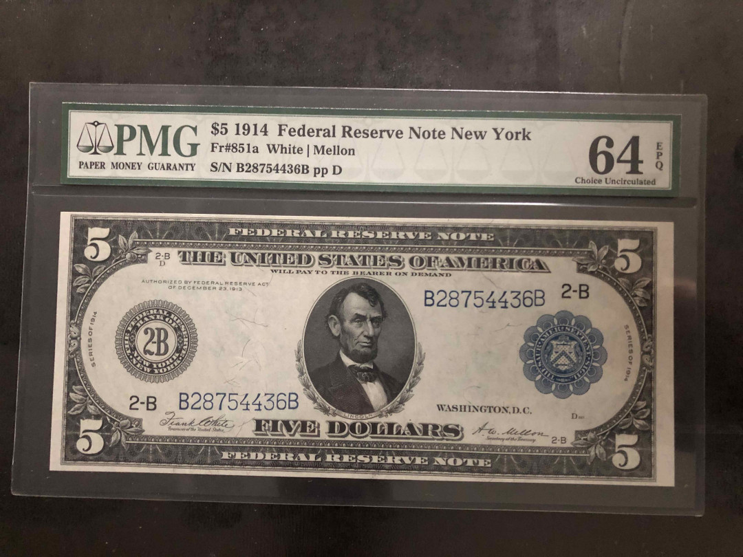【收藏联盟】第104期拍卖 美国 1914年 5美元 PMG64EPQ 大场景 雕刻精美 大票幅