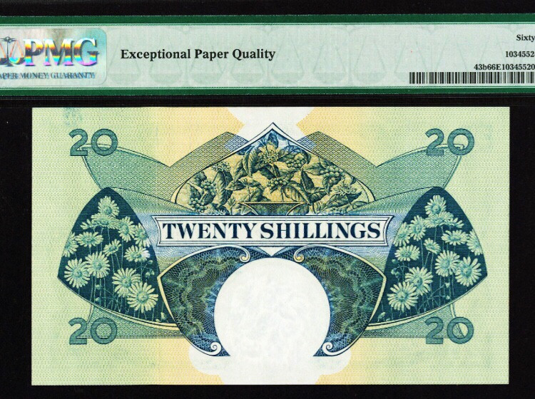 【收藏联盟】第104期拍卖 英属东非 1962-63年 20先令Pmg66EPQ  高值 女王 精美 较稀少 雄狮水印