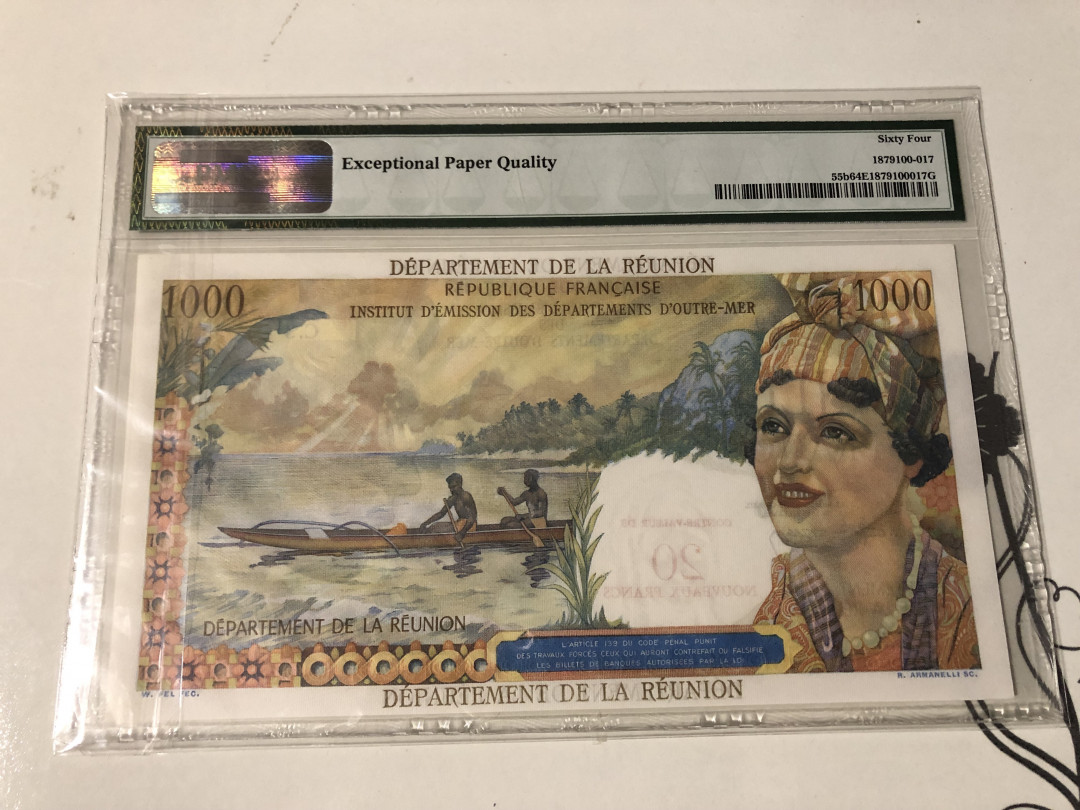 【收藏联盟】第104期拍卖 留尼旺 1971年 1000法郎=加盖20新法朗 p55b PMG64EPQ 原票好品