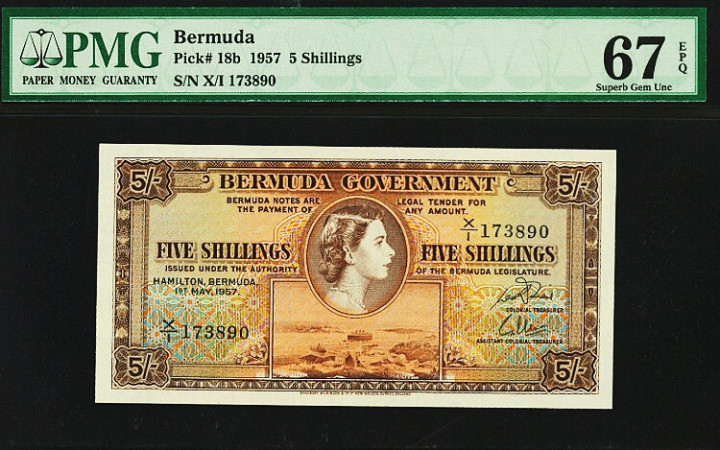 【收藏联盟】第104期拍卖 百慕大 1957年 5先令Pmg67EPQ早期女王纸币 BWC经典高分
