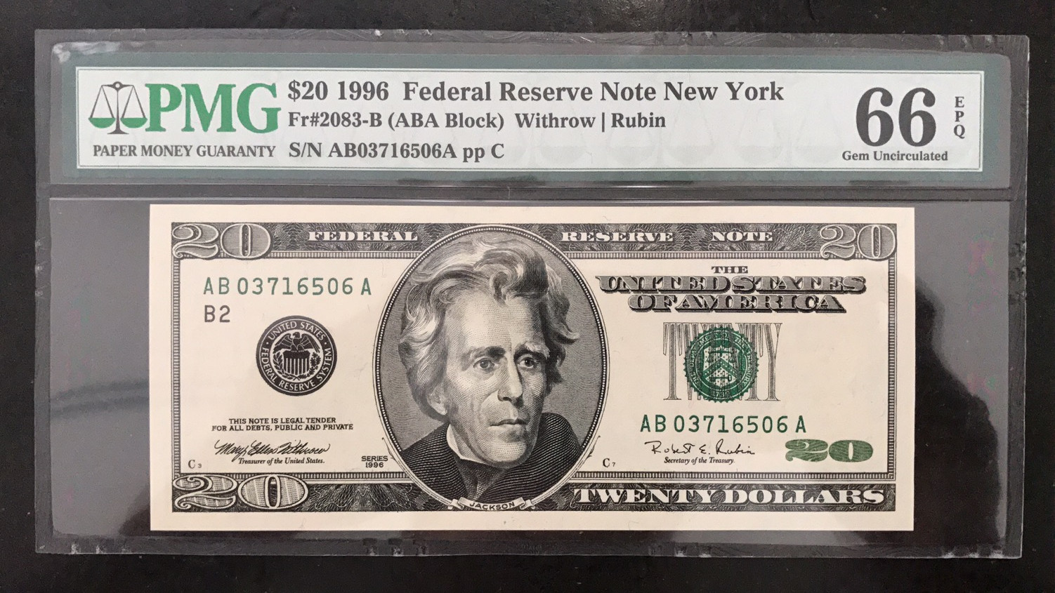 【收藏联盟】第104期拍卖 美国 1996年 20元 PMG66EPQ