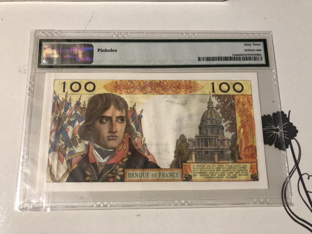 【收藏联盟】第104期拍卖 法国1958年法国100新法郎 拿破仑 P-144a  PMG63 UNC品相