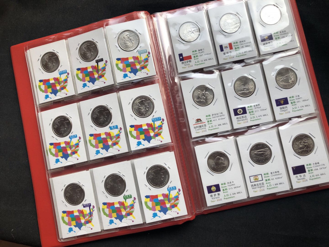 【币观天下】第八十六期钱币拍卖 美国1999年~2009年美国50州+6个美属地流通纪念币全套精美礼册装 （全P版，定制纸夹带）
