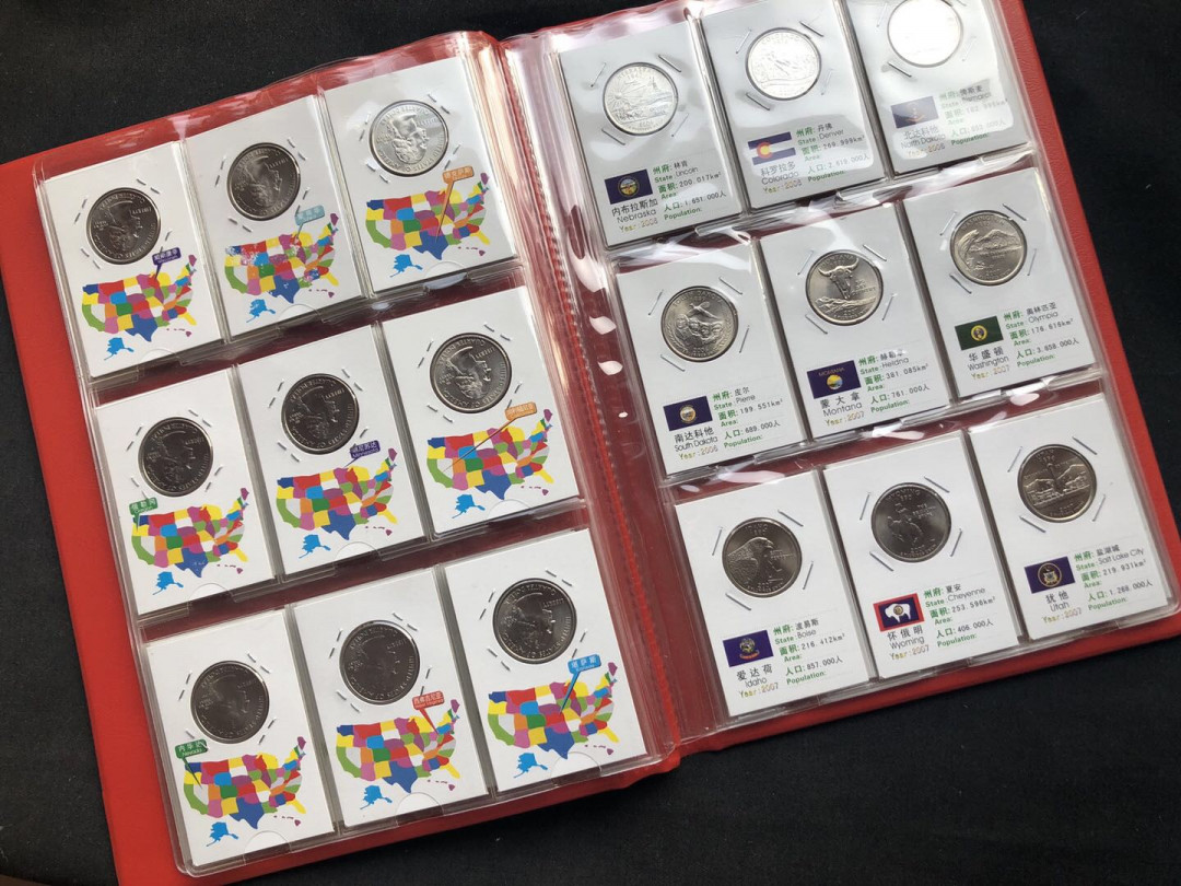 【币观天下】第八十六期钱币拍卖 美国1999年~2009年美国50州+6个美属地流通纪念币全套精美礼册装 （全P版，定制纸夹带）