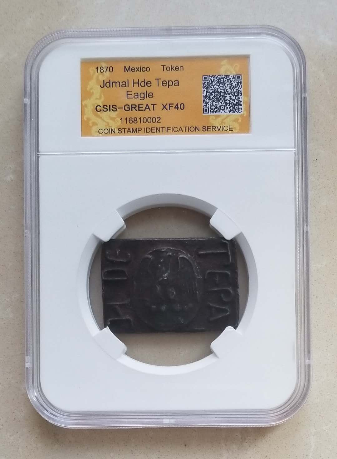 【币观天下】第八十六期钱币拍卖 墨西哥1870年地方代用币 铜锡合金，带鹰洋上的鹰徽，少见