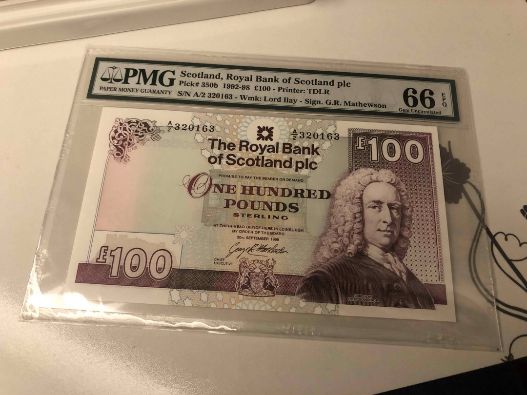 【收藏联盟】第105期拍卖 苏格兰 1992-98年 100镑 PMG66EPQ  p350b 