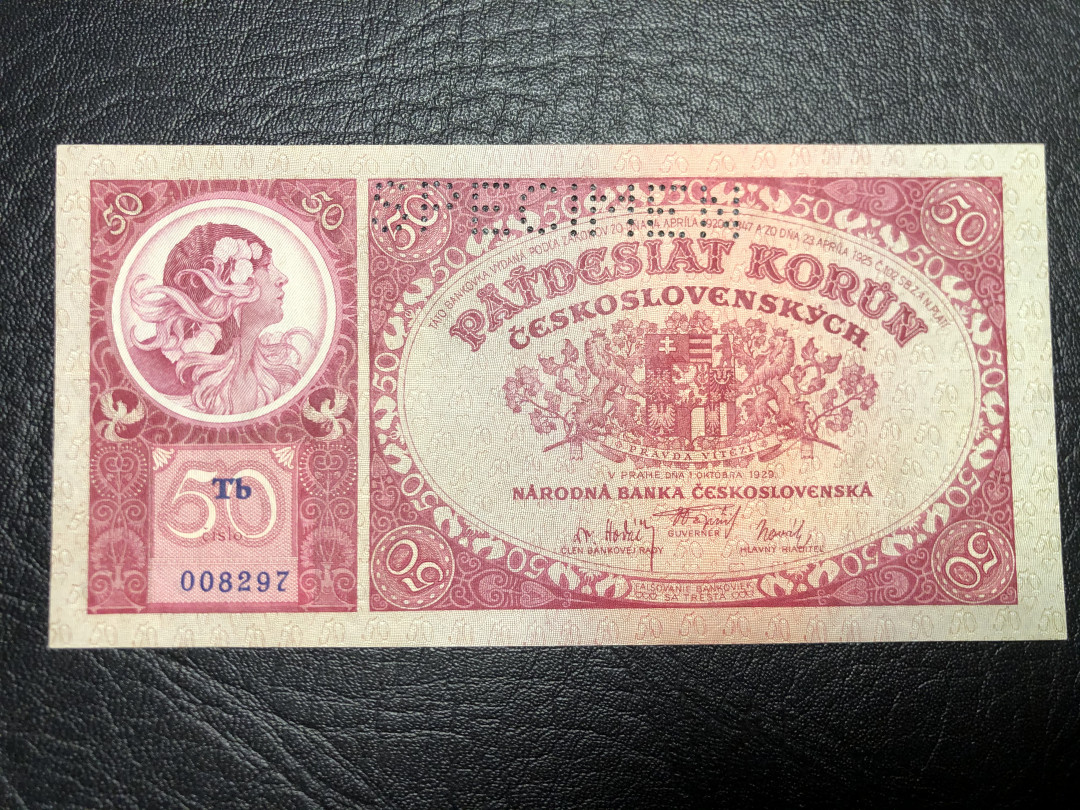 《外钞收藏家》第七十二期拍卖 捷克斯洛伐克1929年50克朗 样钞 近全新