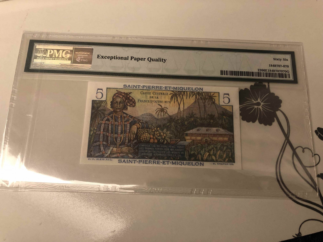 【收藏联盟】第105期拍卖 圣皮埃尔和密克隆 1950-60年 5法郎 PMG66EPQ  p22 