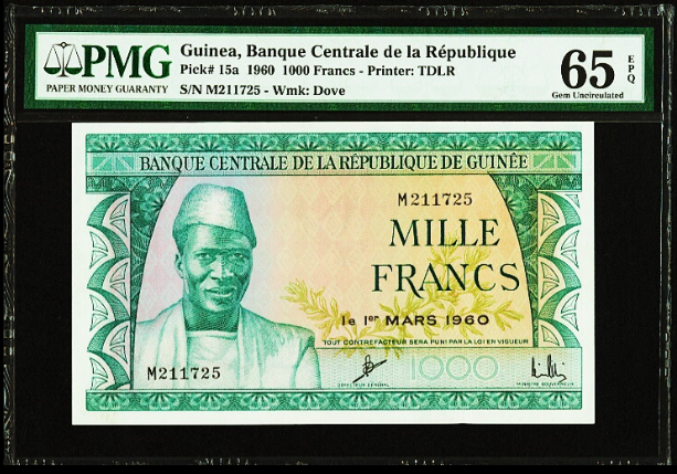 【收藏联盟】第105期拍卖 【亚军分】几内亚 1960年1000法郎 pmg65EPQ 绝品稀少 唯美非洲风情p15a