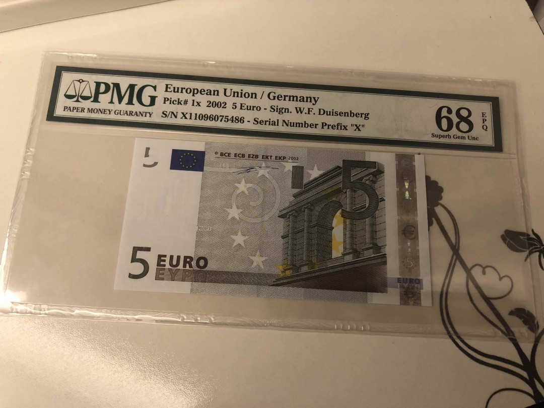 【收藏联盟】第105期拍卖 【高分一签】欧盟 2002年 5欧元 PMG68EPQ 超高分德国版 