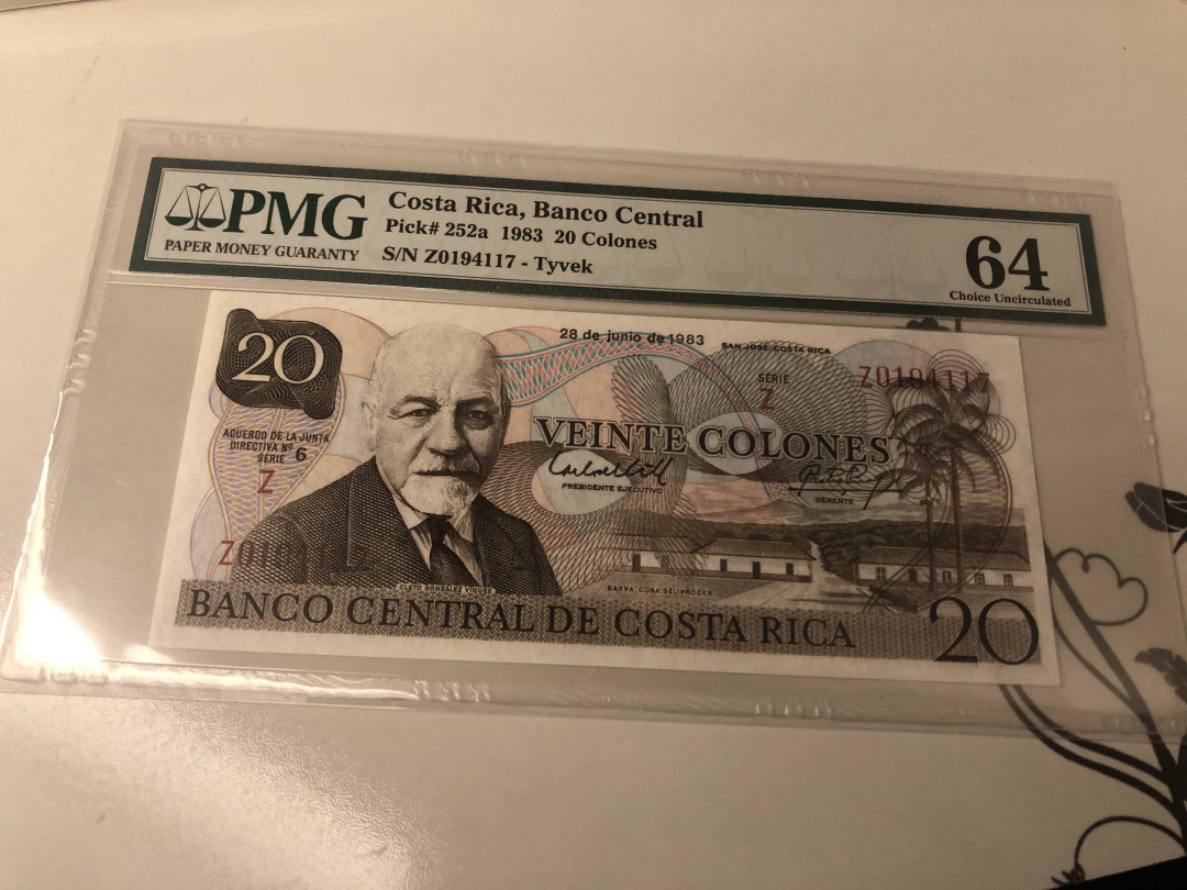 【收藏联盟】第105期拍卖 哥斯达黎加 1983 20克朗 PMG64 p252a