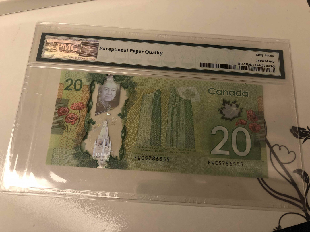 【收藏联盟】第105期拍卖 【555豹子号】加拿大 2012年 20元 PMG67EPQ 女王 塑料钞 