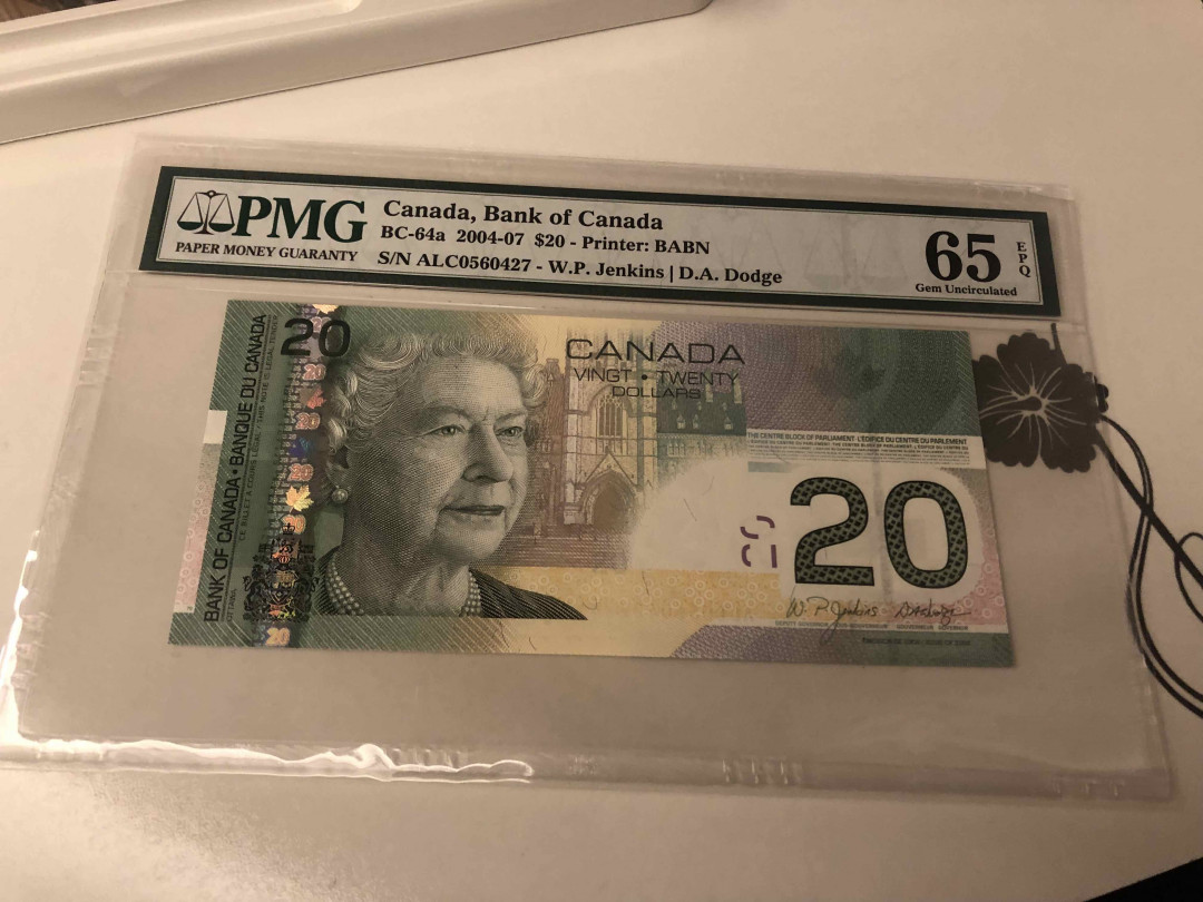 【收藏联盟】第105期拍卖 加拿大 2004-07年 20元 PMG65EPQ 绝品 2005年世界最佳纸币