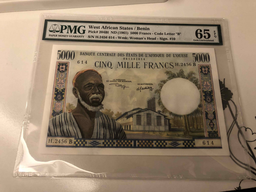 【收藏联盟】第105期拍卖 法属西非 1961年 5000法郎 PMG65EPQ 绝品 较少贝宁版 经典大奶妈