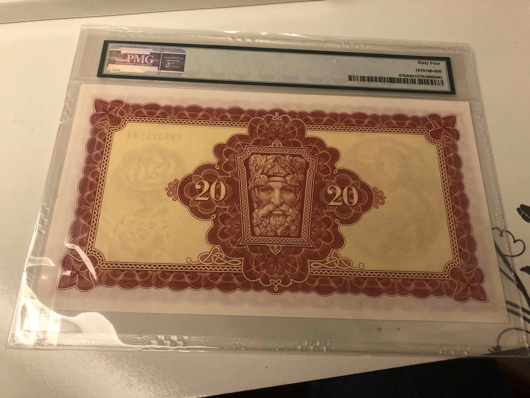 【收藏联盟】第105期拍卖 爱尔兰 1976年 20镑 p67b  pmg64 高值 超大票幅 耐看 