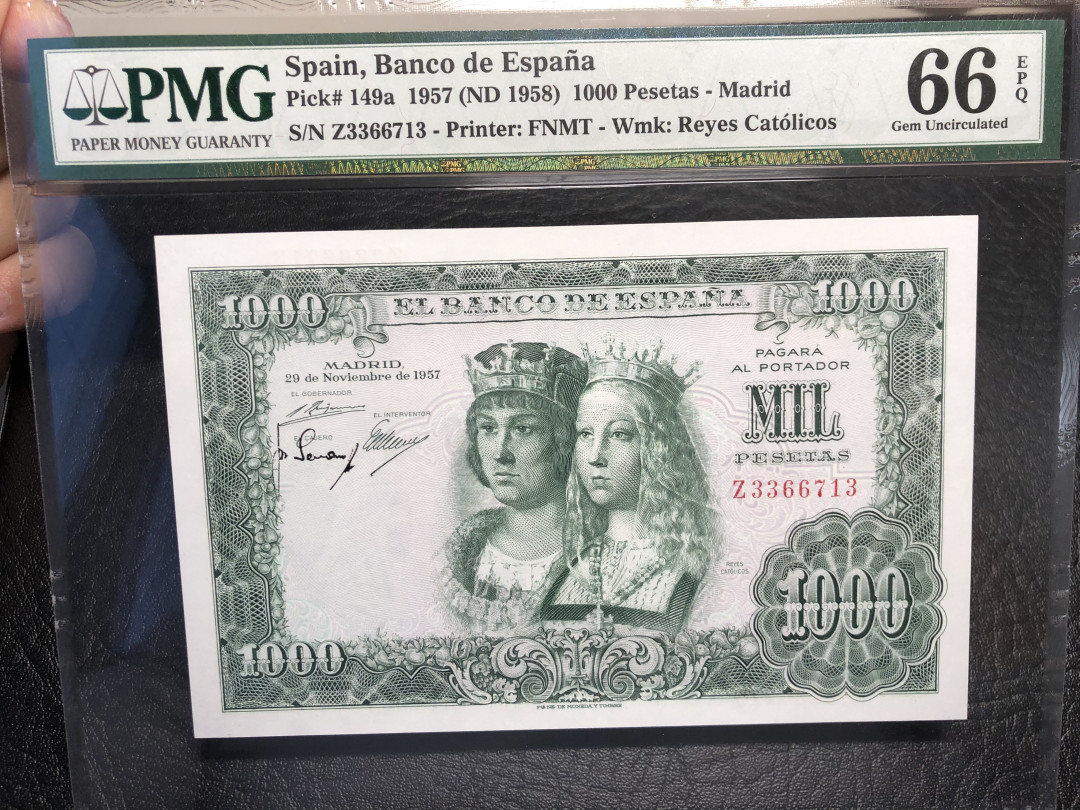 《外钞收藏家》第七十二期拍卖 西班牙1957年双王 大票幅 精美纸币  pmg66