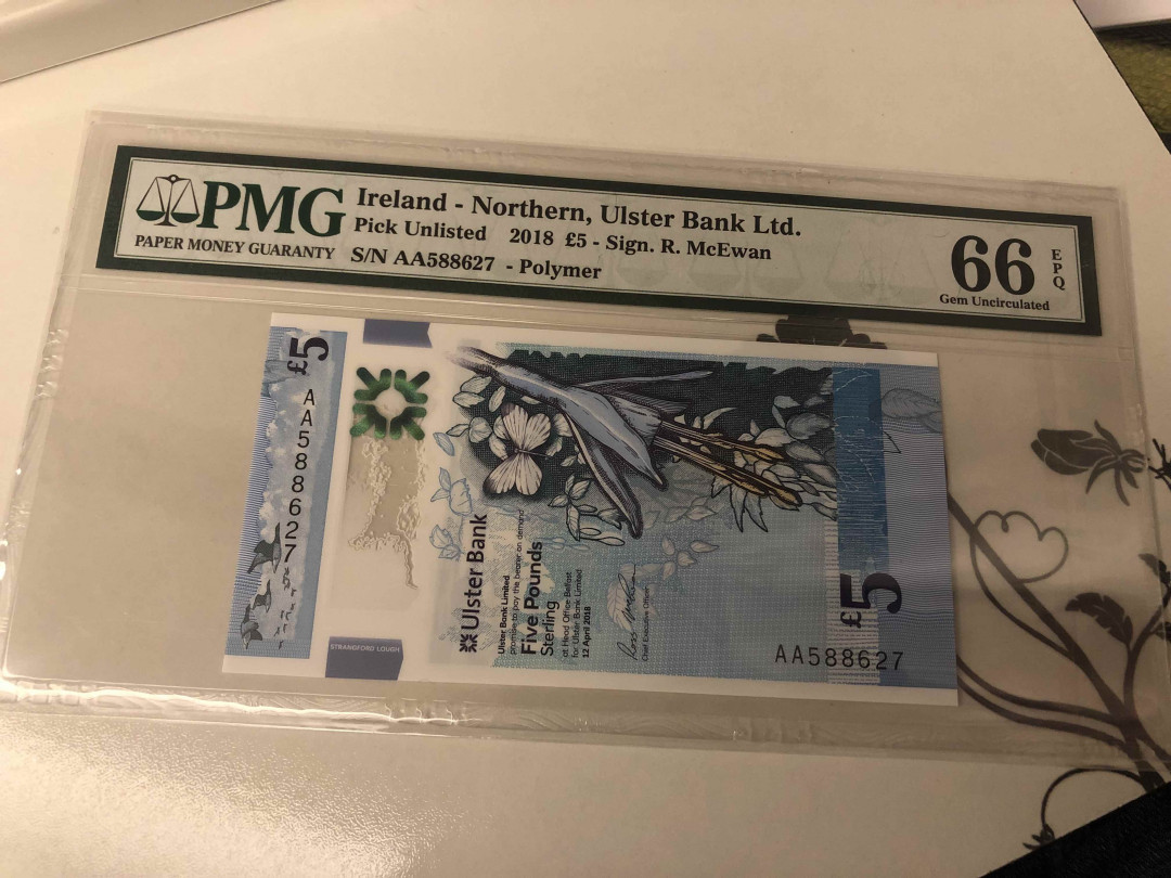 【收藏联盟】第105期拍卖 【AA冠】爱尔兰 2018年 5镑 PMG66EPQ 非常漂亮 塑料钞