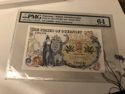 【收藏联盟】第105期拍卖 - 根西岛 1975-80年 10镑 PMG64 BWC出品 A冠 经典花神