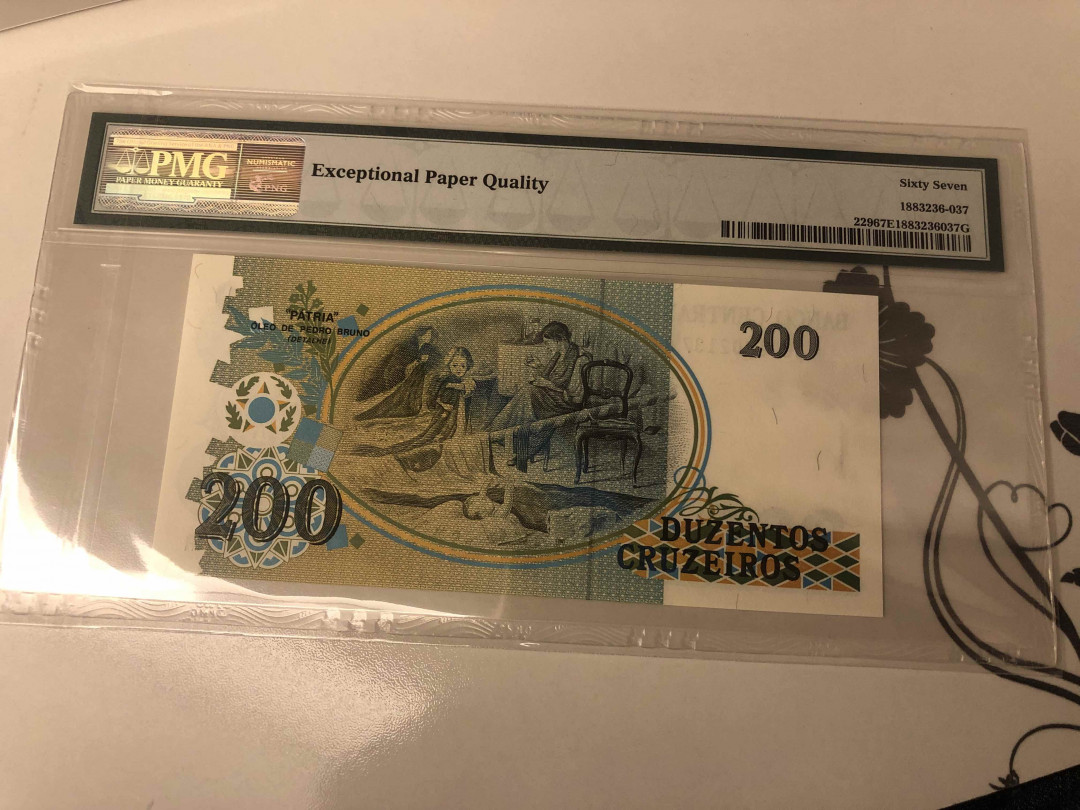 【收藏联盟】第105期拍卖 巴西 1990年 200克鲁塞罗 AA冠 PMG67EPQ 高分