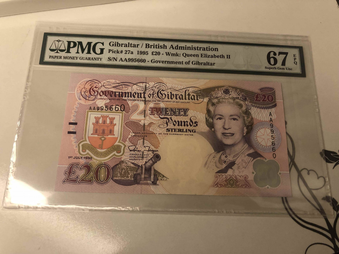 【收藏联盟】第105期拍卖 直布罗陀 1995年 20镑 AA冠无47  PMG67EPQ 