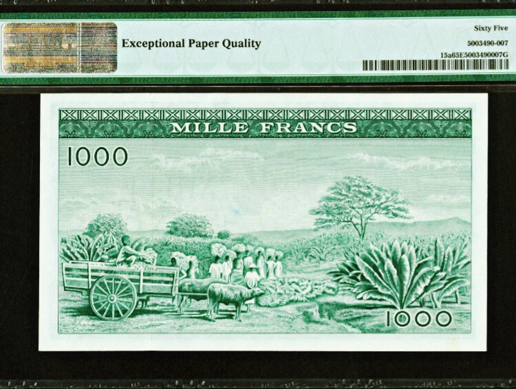 【收藏联盟】第105期拍卖 【亚军分】几内亚 1960年1000法郎 pmg65EPQ 绝品稀少 唯美非洲风情p15a