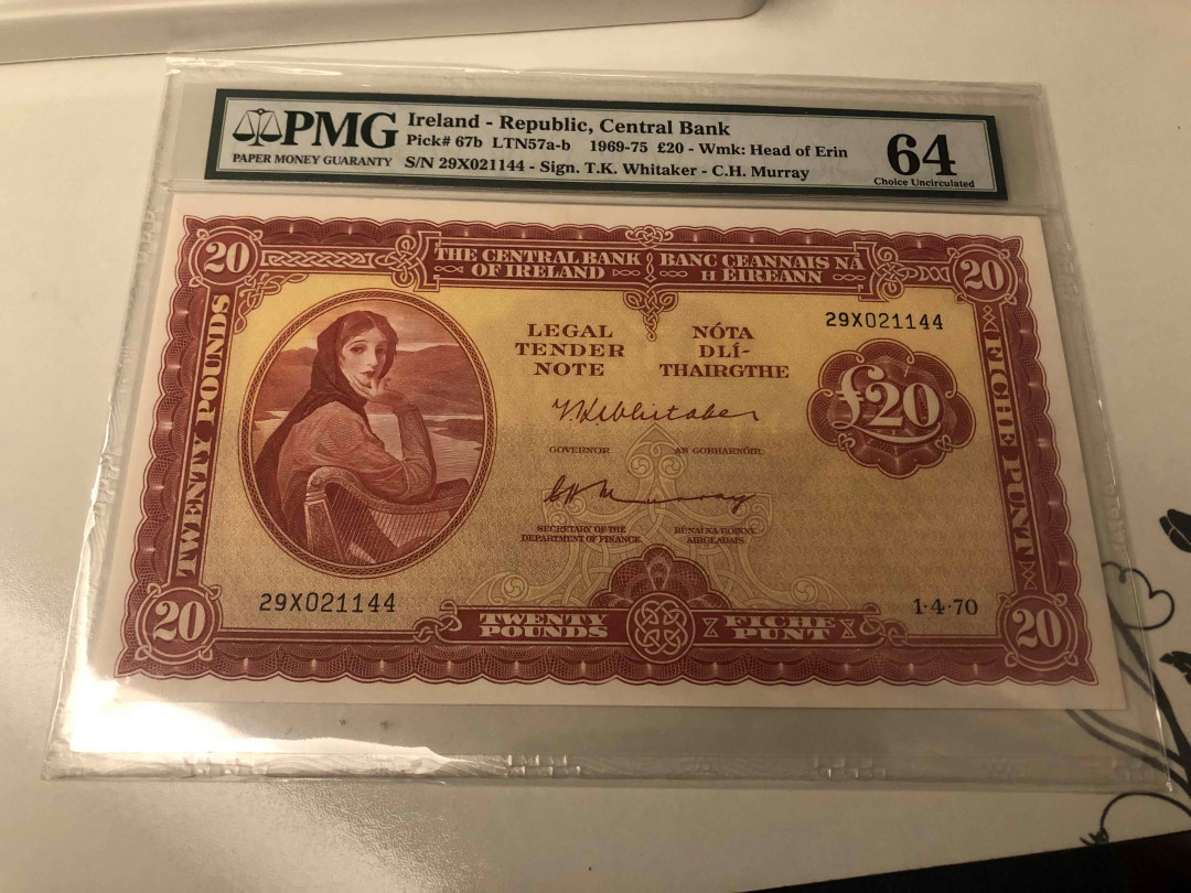 【收藏联盟】第105期拍卖 爱尔兰 1976年 20镑 p67b  pmg64 高值 超大票幅 耐看 