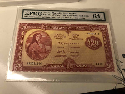 【收藏联盟】第105期拍卖 - 爱尔兰 1976年 20镑 p67b  pmg64 高值 超大票幅 耐看 