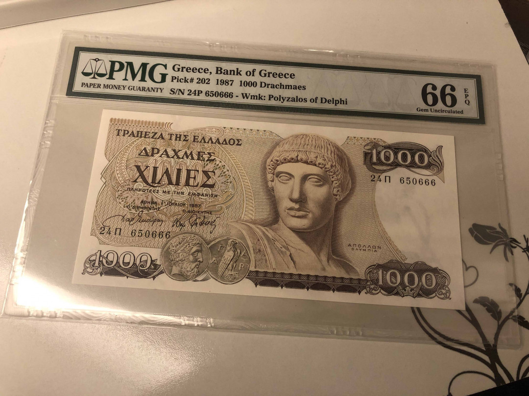 【收藏联盟】第105期拍卖 【666豹子号】希腊 1987年 1000德拉克马 p202 PMG66EPQ