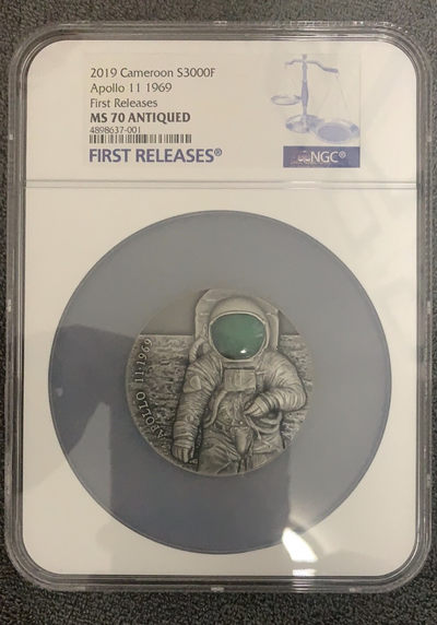 【随心拍&GetCoins】现代金银币拍卖第三十七期 喀麦隆2019年阿波罗11号登月50周年3盎司仿古银币NGC70首期蓝标