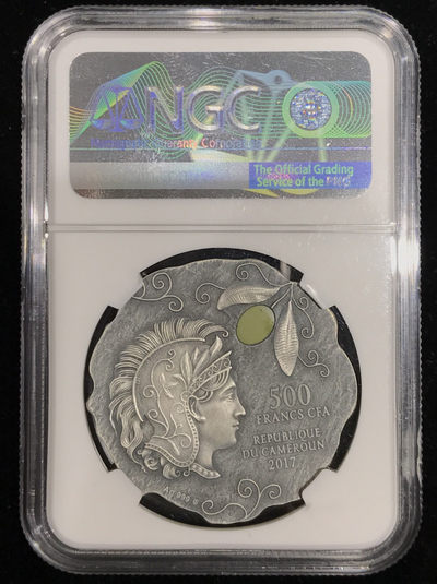 【随心拍&GetCoins】现代金银币拍卖第三十七期 喀麦隆2017年雅典娜和猫头鹰镶嵌碧玉异形仿古银币NGC70