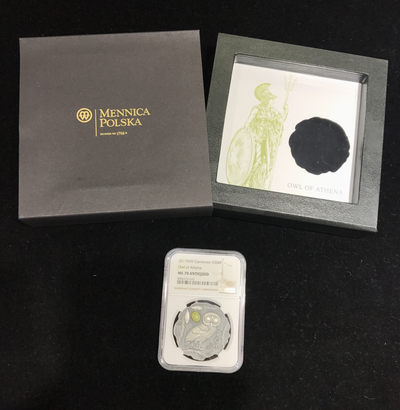 【随心拍&GetCoins】现代金银币拍卖第三十七期 喀麦隆2017年雅典娜和猫头鹰镶嵌碧玉异形仿古银币NGC70