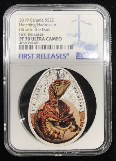 【随心拍&GetCoins】现代金银币拍卖第三十七期 加拿大2019年恐龙蛋系列孵化的鸭嘴龙夜光银币NGC70首期蓝标