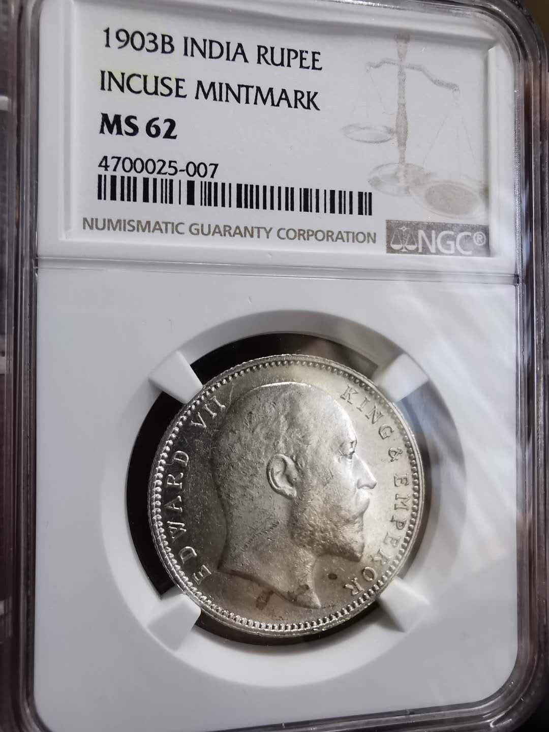 凡希社世界钱币微拍第一百期 1903B英属印度爱七卢比NGC-MS62首年