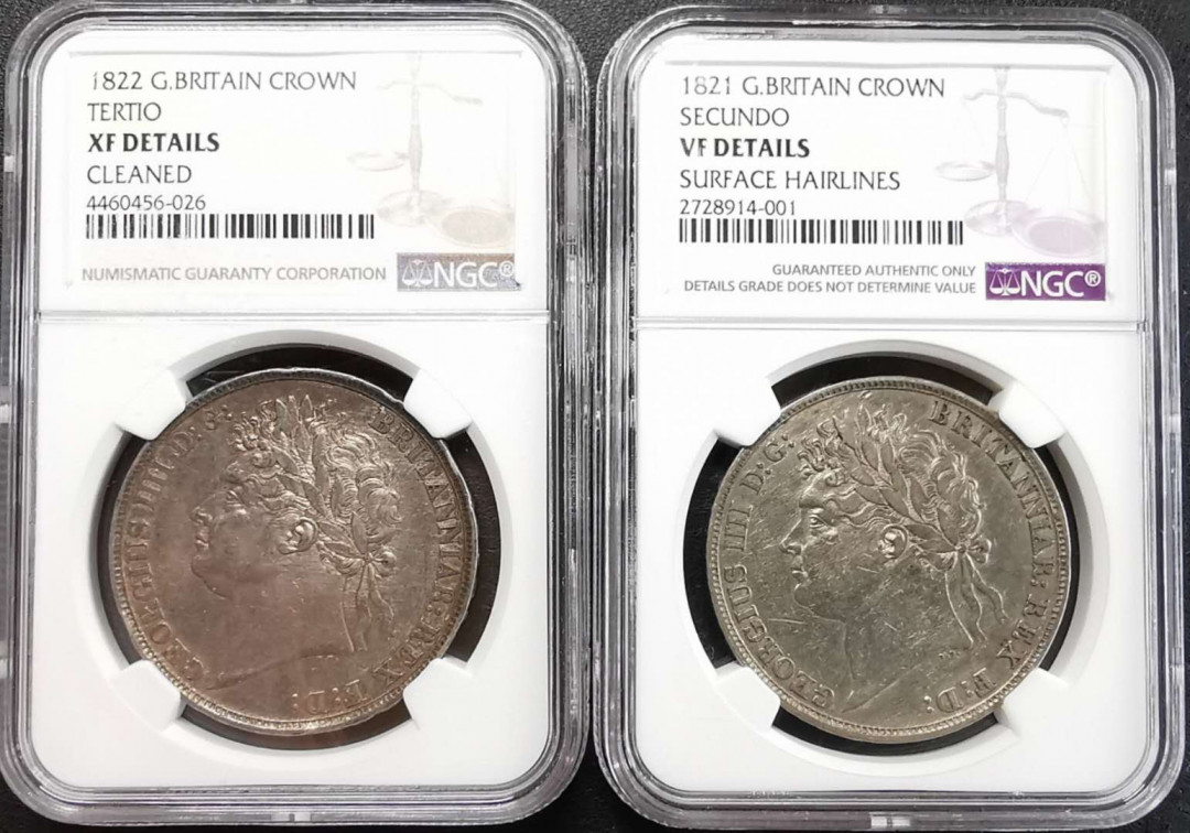 凡希社世界钱币微拍第一百期 1821/22乔四克朗一对NGC