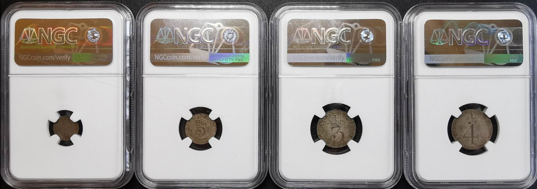 凡希社世界钱币微拍第一百期 1800乔三濯足币四枚套NGC-MS64/62/62/63包浆一致