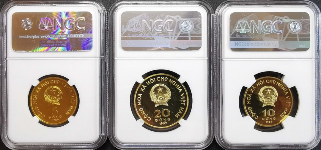 凡希社世界钱币微拍第一百期 稀！1989越南凤凰独木寺胡志明三枚NGC-PF69UC收藏级！